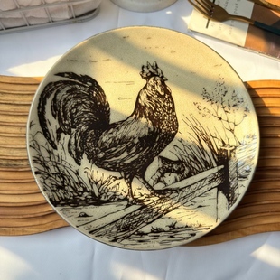 雄鸡陶瓷盘子菜盘家用复古高级感摆件西餐厅酒店商用手绘盘瑕疵