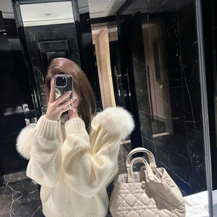 韩系高级感大毛领连帽蓝色针织开衫女秋冬慵懒风宽松短款毛衣外套