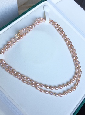 粉紫色长款毛衣链天然珍珠米珠多层颈链一款多戴项链旗袍礼服配饰