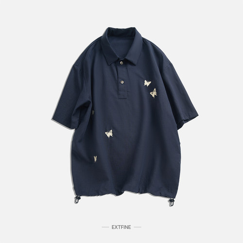 老钱风亚麻透气蝴蝶刺绣Polo衫