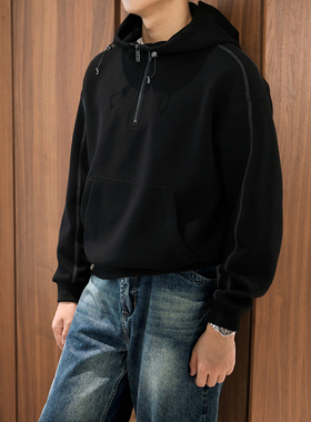 Extfine秋冬新款athflow风辑明线连帽卫衣男宽松长袖半拉链高级感