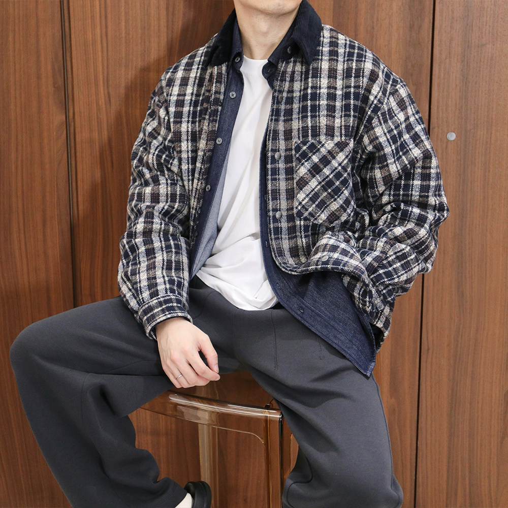 日系复古蓝格纹翻领棉服外套
