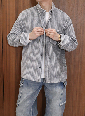 Extfine秋冬新款日系复古粗条灯芯绒慵懒衬衫外套男宽松条纹衬衣