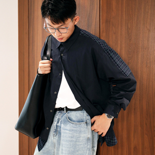 百搭阔版 Extfine秋季 男长袖 新款 日系设计感高级宽松翻领拼接衬衫