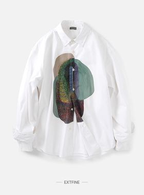Extfine春季日系复古抽象彩绘印花设计感翻领长袖衬衫男宽松百搭