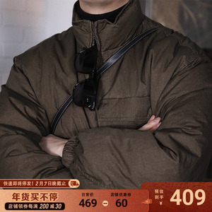 作梦家冬季肌理起皱尼丝纺泛白做旧90白鸭绒羽绒服立领风衣外套
