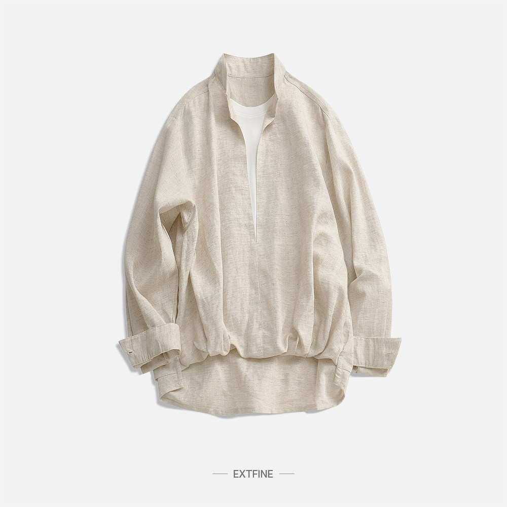 Extfine日系立领亚麻假两件衬衫男春宽松透气休闲衬衣高级感上衣