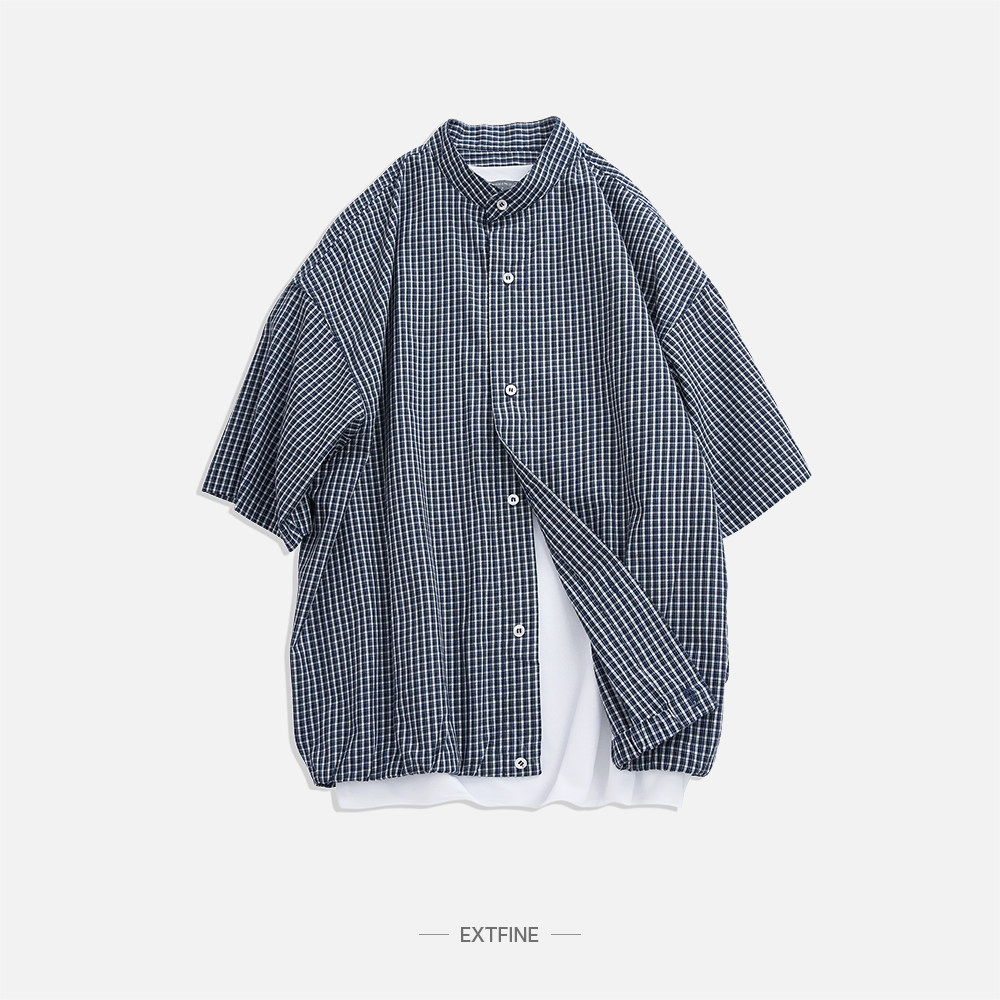 EXTFINE 日系夏季立领条纹短袖衬衫男宽松廓形休闲衬衣设计感高级
