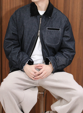 Extfine冬季毛边单宁蓝灯芯绒领牛仔羽绒翻领夹克外套男加厚保暖