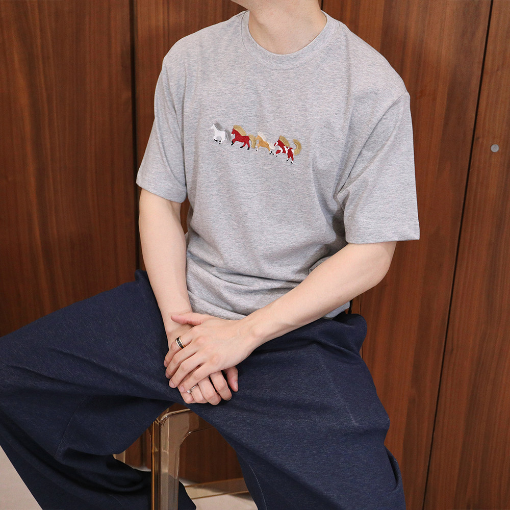 Extfine夏高级感马年限定骏马刺绣短袖男夏季宽松圆领纯棉T恤上衣