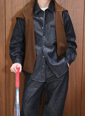 Extfine秋冬日系复古丹宁蓝原牛色牛仔衬衫长裤套装男宽松高级感