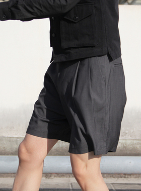 复古夏季新款薄款阔腿黑色男士高腰灰色西装短裤男宽松五分西裤