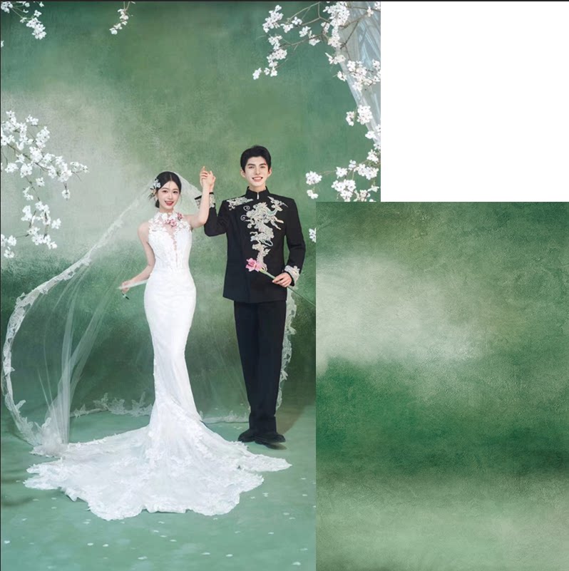 新款青绿色肌理渐变油画背景布新中式婚纱摄影拍照情侣写真背景纸