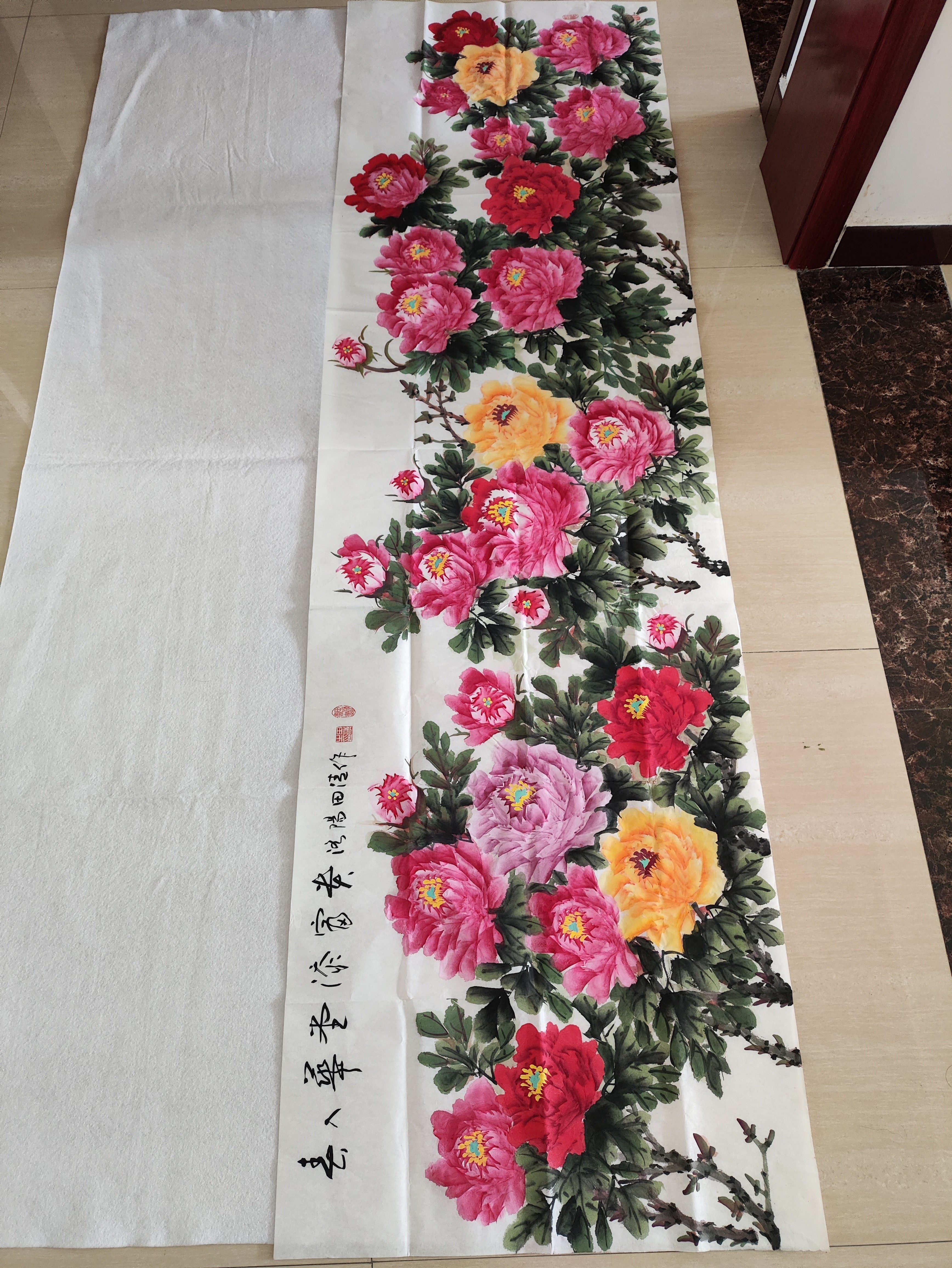 花开富贵客厅装饰挂画，纯手绘70x240cm八尺牡丹画