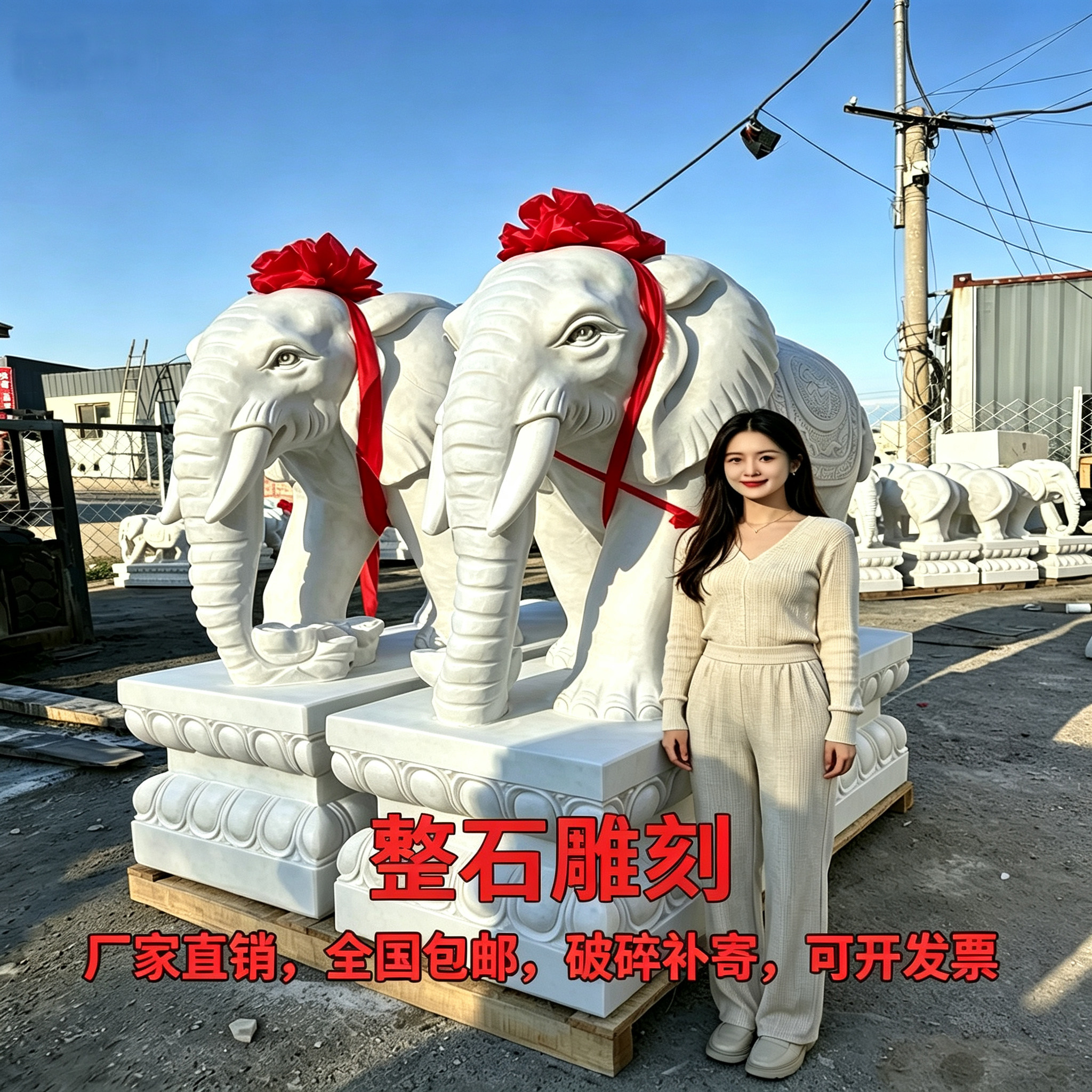 汉白玉石雕大象青石一对门口招财