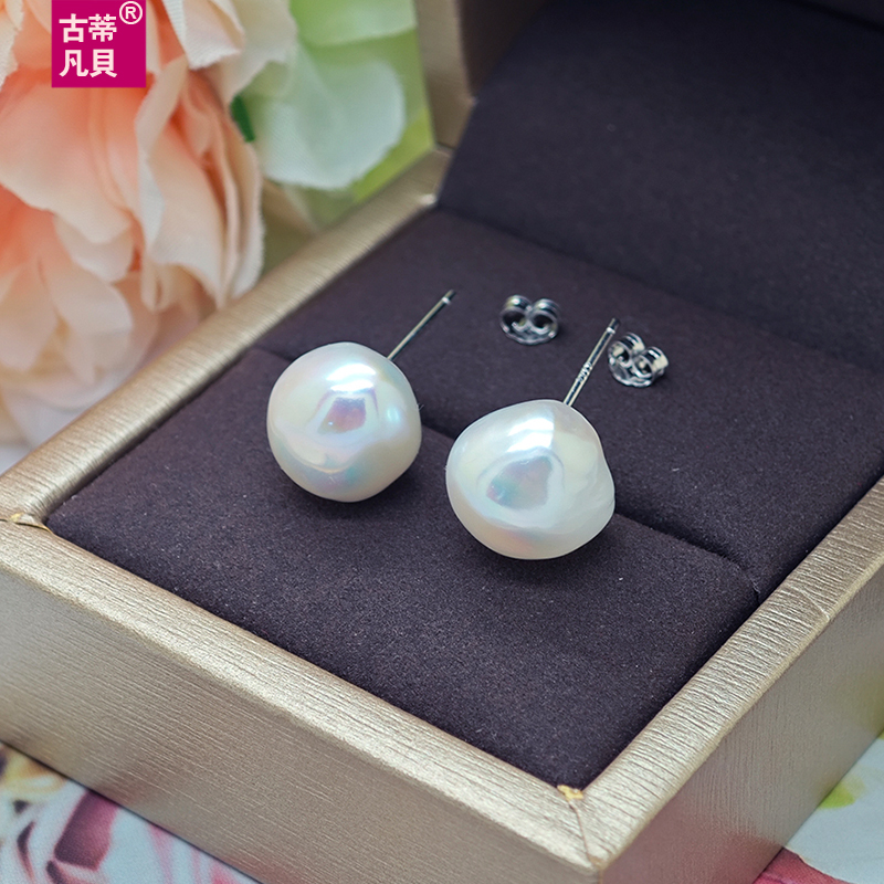 13mm巴洛克天然珍珠耳钉纯银个性