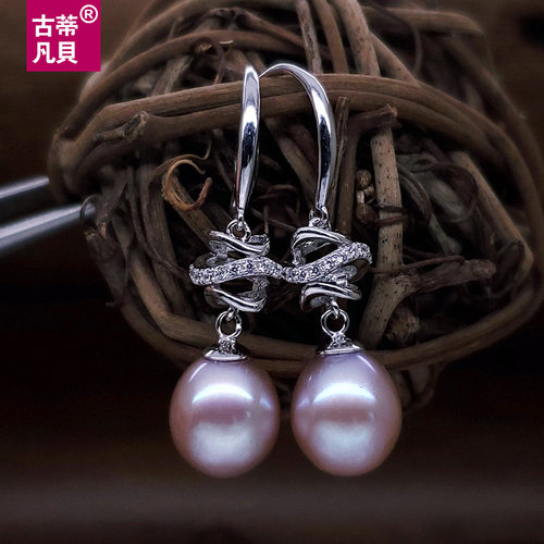 粉紫色天然无核珍珠耳环纯银耳勾