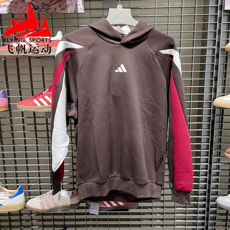 阿迪达斯男卫衣2026新春款篮球撞色针织运动休闲连帽套头衫KT0619