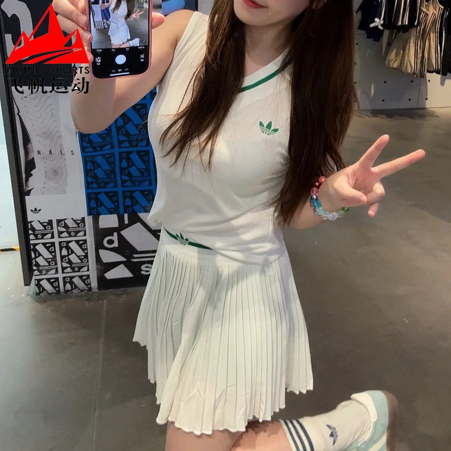 阿迪达斯三叶草网球裙女2025秋速干网球运动复古百褶半身裙JM4730