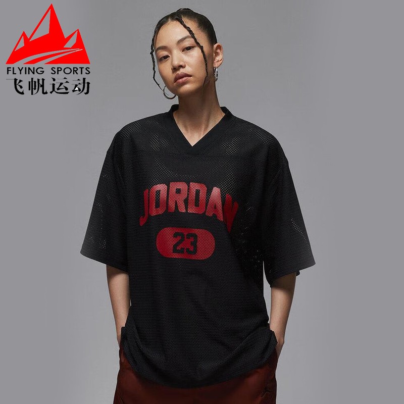耐克Jordan女装2025秋季梭织超宽松V领运动短袖T恤球衣HQ9223-010