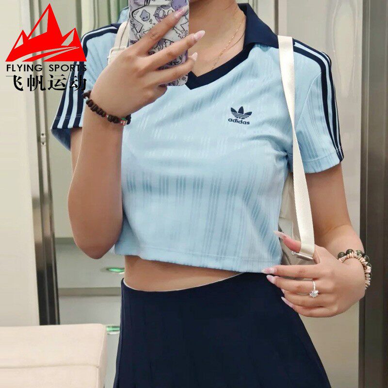 阿迪达斯三叶草女装2025夏短款运动V领透气POLO衫短袖上衣 JD5864