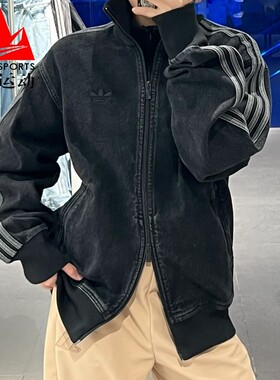 阿迪达斯三叶草男装2026春款复古立领宽松运动牛仔夹克外套KD1516