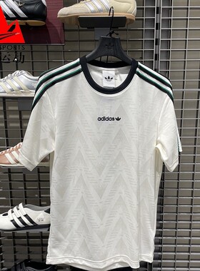 阿迪达斯三叶草男装2026夏经典三条纹提花速干运动短袖T恤 KE2139