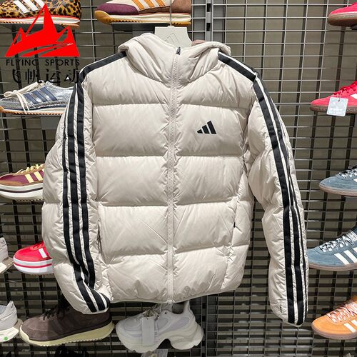 阿迪达斯男装2025冬拒水防风两面穿条纹连帽休闲运动羽绒服KC2492