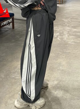 阿迪达斯三叶草女裤2025春新款侧边拉链梭织宽松运动阔腿裤JY8880