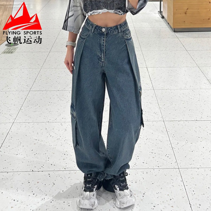 阿迪达斯三叶草牛仔裤女2025秋季水洗复古工装宽松运动长裤KC5813