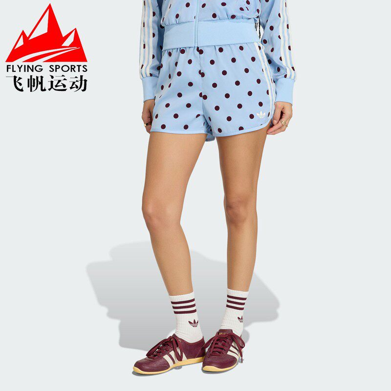 阿迪达斯三叶草女裤2026夏复古波点三条纹时尚运动休闲短裤KV1173