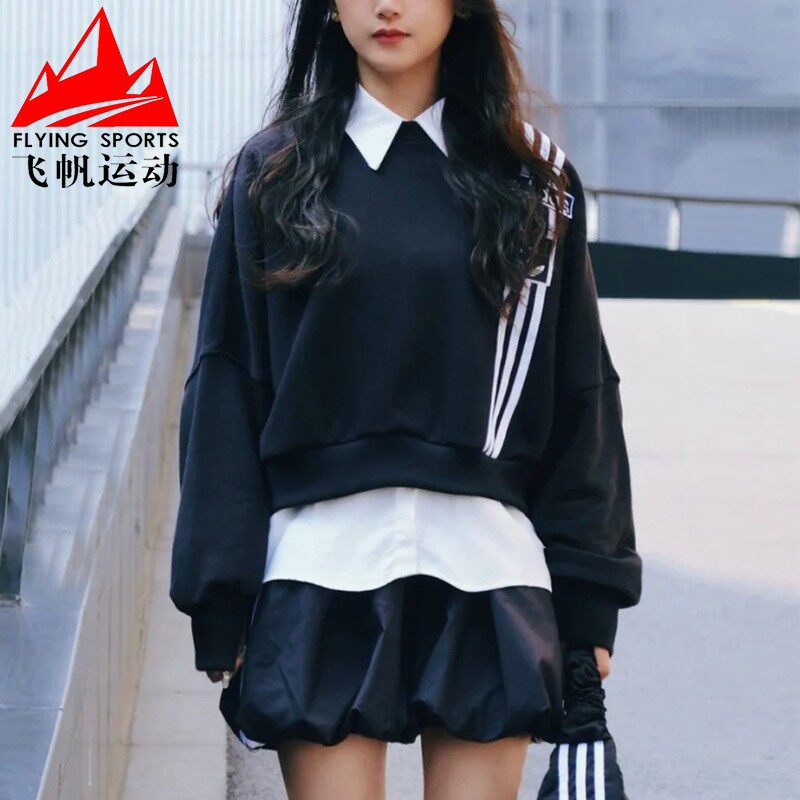 阿迪达斯三叶草女装2025春季条纹宽松短款休闲运动圆领卫衣JD0189