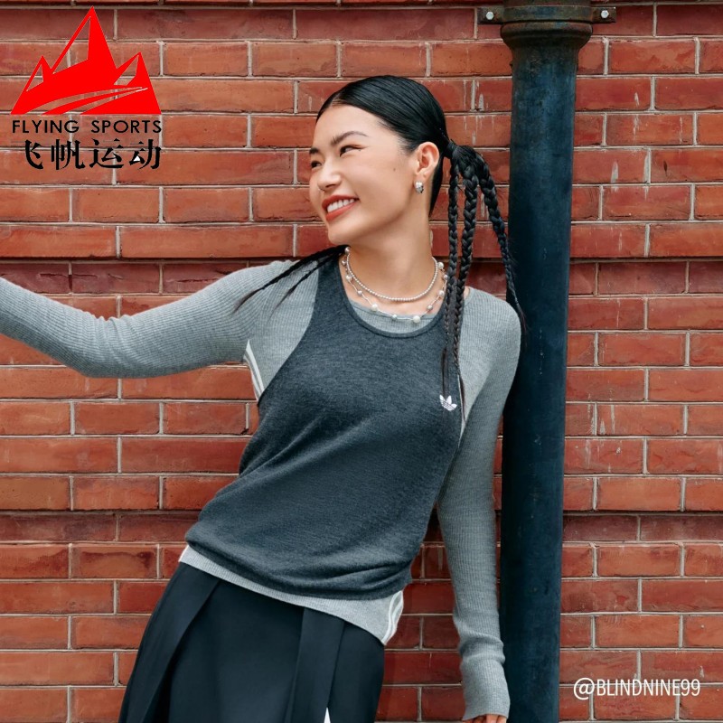 阿迪达斯三叶草女装2026秋针织撞色假两件休闲运动长袖T恤LE9666