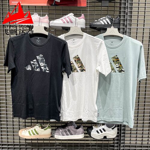 阿迪达斯男装2026夏纯棉熊猫印花圆领休闲运动短袖T恤KB4849 4848