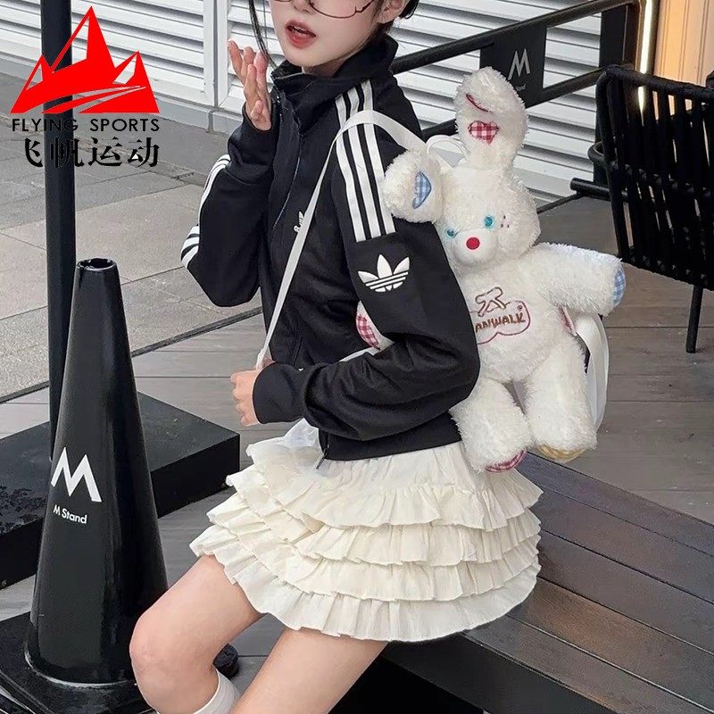 阿迪达斯女装2025春新款针织复古休闲运动短款立领夹克外套JI7536