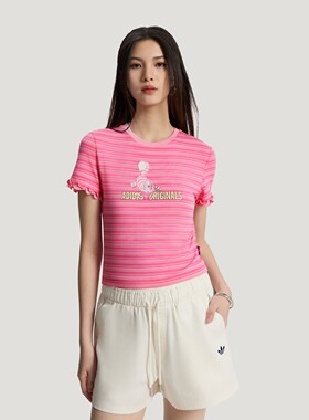 阿迪达斯三叶草女装2026夏季迪士尼联名款修身条纹短袖T恤 KY8317