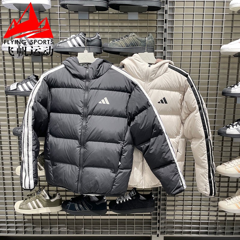 阿迪达斯男装2025冬拒水防风两面穿条纹宽松连帽运动羽绒服KC2490