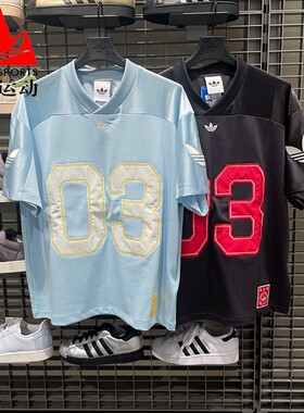 阿迪达斯三叶草男装2026夏梭织复古宽松V领运动短袖球衣T恤KU9215