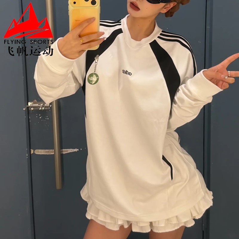 阿迪达斯男女装2026秋季黑白撞色宽松圆领休闲运动长袖T恤 KX7630