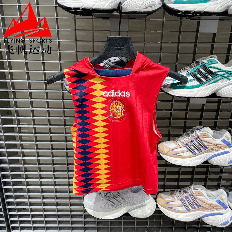 阿迪达斯三叶草女装2026夏季西班牙队足球修身运动连帽背心KE2290