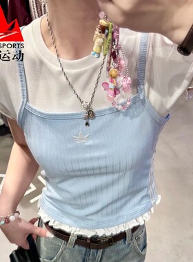 阿迪达斯三叶草女装2026夏季泡泡袖短款假两件运动短袖T恤 KY3298