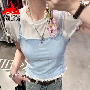 阿迪达斯三叶草女装2026夏季泡泡袖短款假两件运动短袖T恤 KY3298
