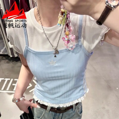 阿迪达斯三叶草女装2026夏季泡泡袖短款假两件运动短袖T恤 KY3298
