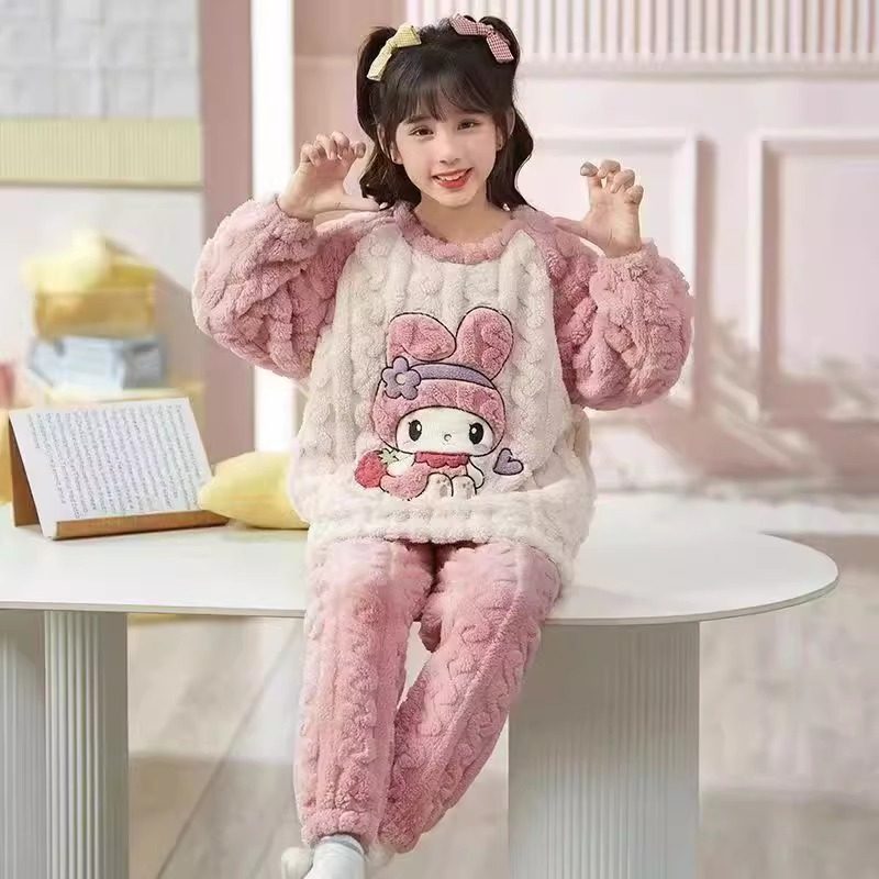 儿童睡衣女款加绒加厚秋冬季珊瑚绒女孩宽松居家服套装