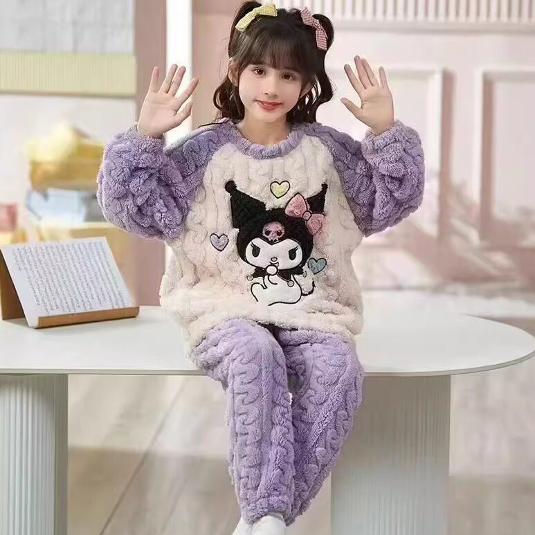 2025年新款儿童睡衣女款加绒加厚秋冬季珊瑚绒女孩宽松居家服套装