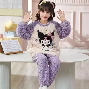 2025年新款儿童睡衣女款加绒加厚秋冬季珊瑚绒女孩宽松居家服套装