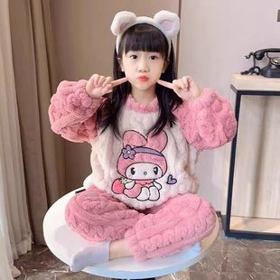 珊瑚绒女童冬季宝宝加厚保暖卡通睡衣居家服