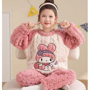 女孩卡通家居服 保暖套装 儿童女童珊瑚法兰绒睡衣新款 加厚秋冬季