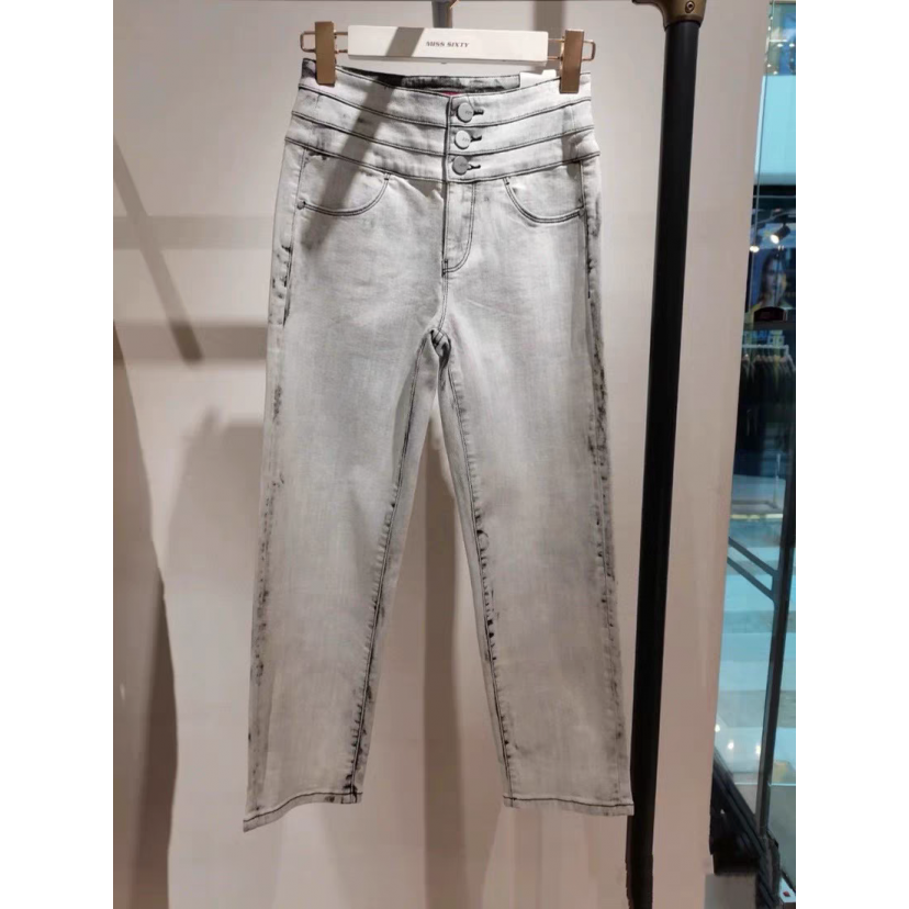 春夏修身九分休闲直筒高腰牛仔裤