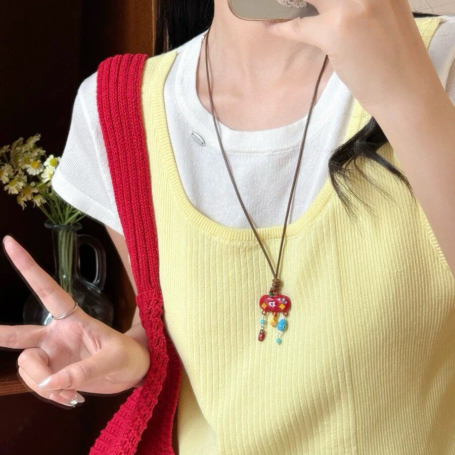 多巴胺彩色苹果编织项链女甜美可爱长款吊坠颈链个性百搭项饰配饰